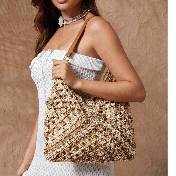 Boho Color Block Straw Vegan leather Strap Shoulder Bag - Picture 1 of 12